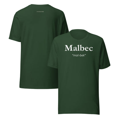 Malbec T-shirt with bold lettering and pronunciation “mal-bek”