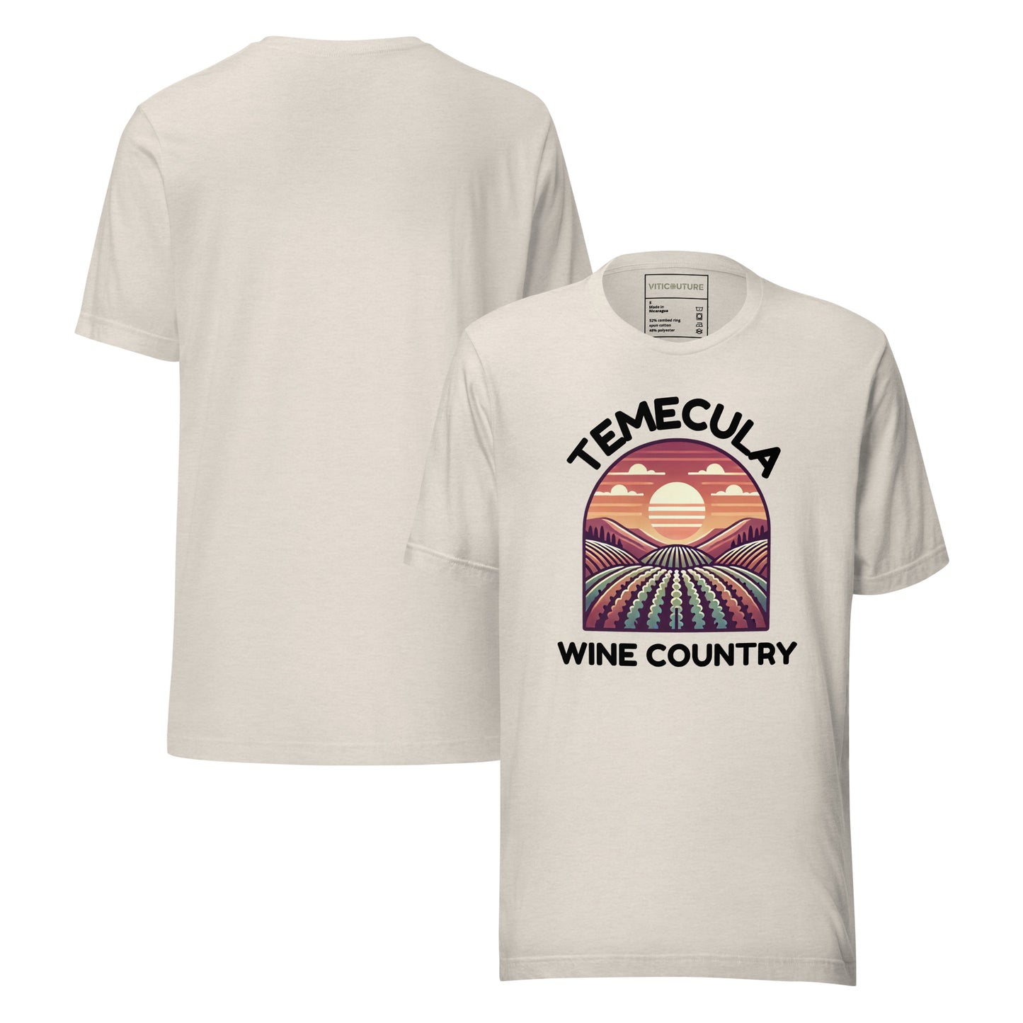 T-shirt featuring a colorful sunset vineyard design with 'Temecula Wine Country' text, celebrating the beauty of California's wine region.