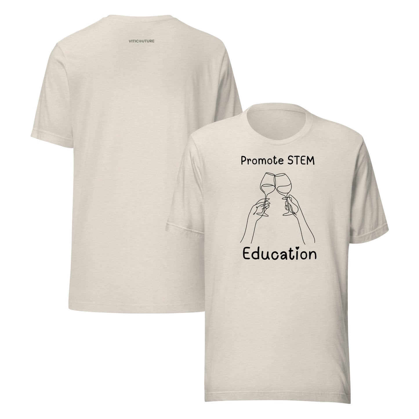 Minimalist line drawing of two hands clinking wine glasses with the text "Promote STEM Education" on a T-shirt.