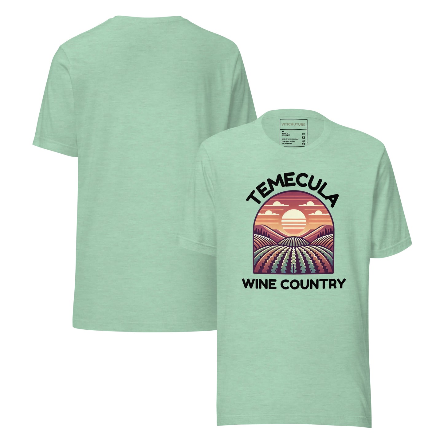 T-shirt featuring a colorful sunset vineyard design with 'Temecula Wine Country' text, celebrating the beauty of California's wine region.