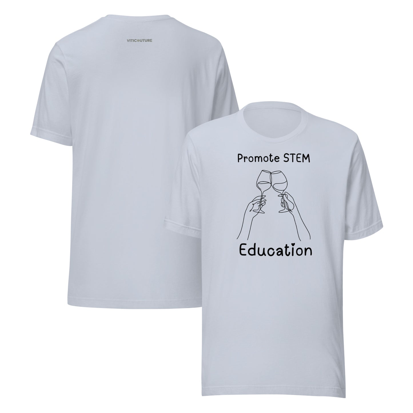 Minimalist line drawing of two hands clinking wine glasses with the text "Promote STEM Education" on a T-shirt.