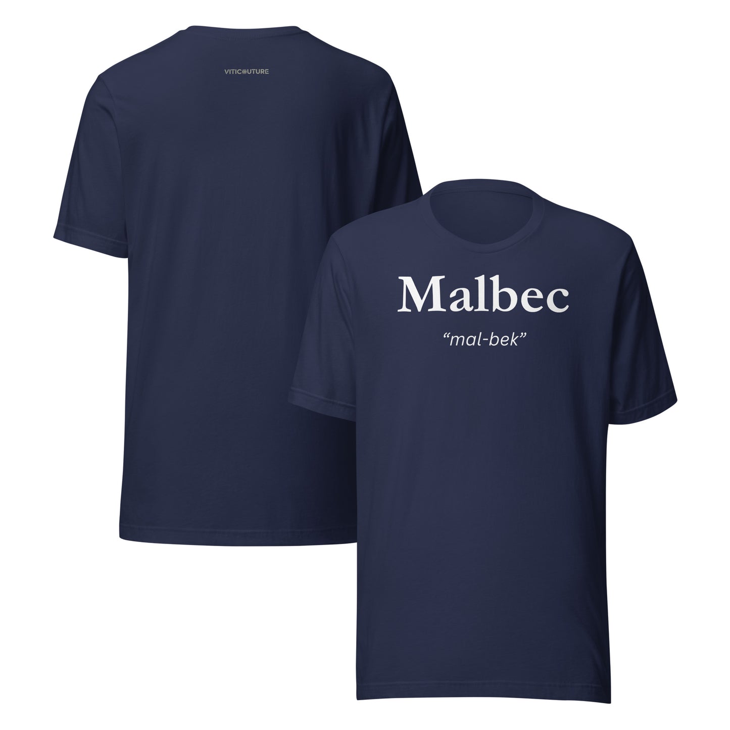 Malbec T-shirt with bold lettering and pronunciation “mal-bek”