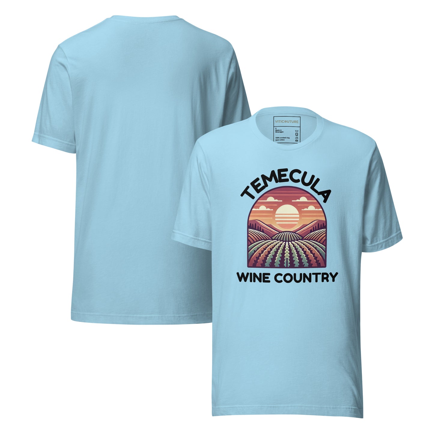 T-shirt featuring a colorful sunset vineyard design with 'Temecula Wine Country' text, celebrating the beauty of California's wine region.