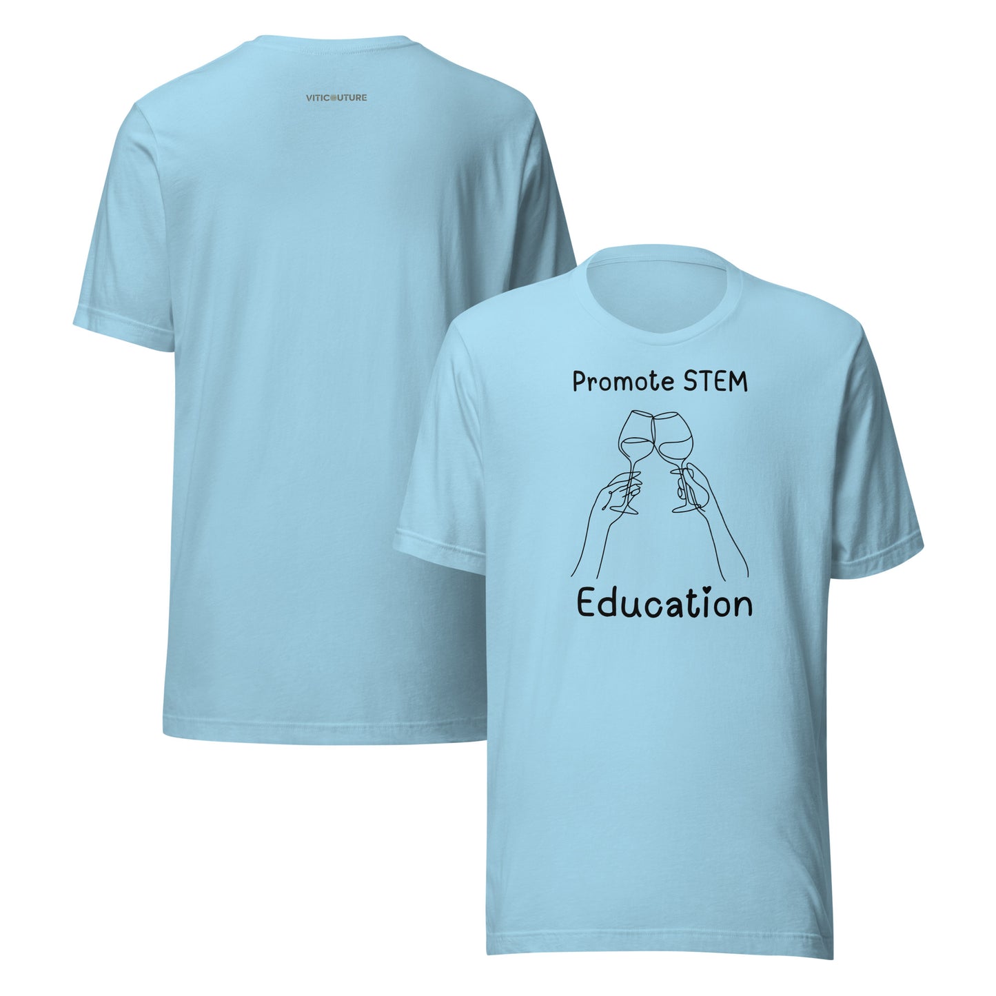 Minimalist line drawing of two hands clinking wine glasses with the text "Promote STEM Education" on a T-shirt.