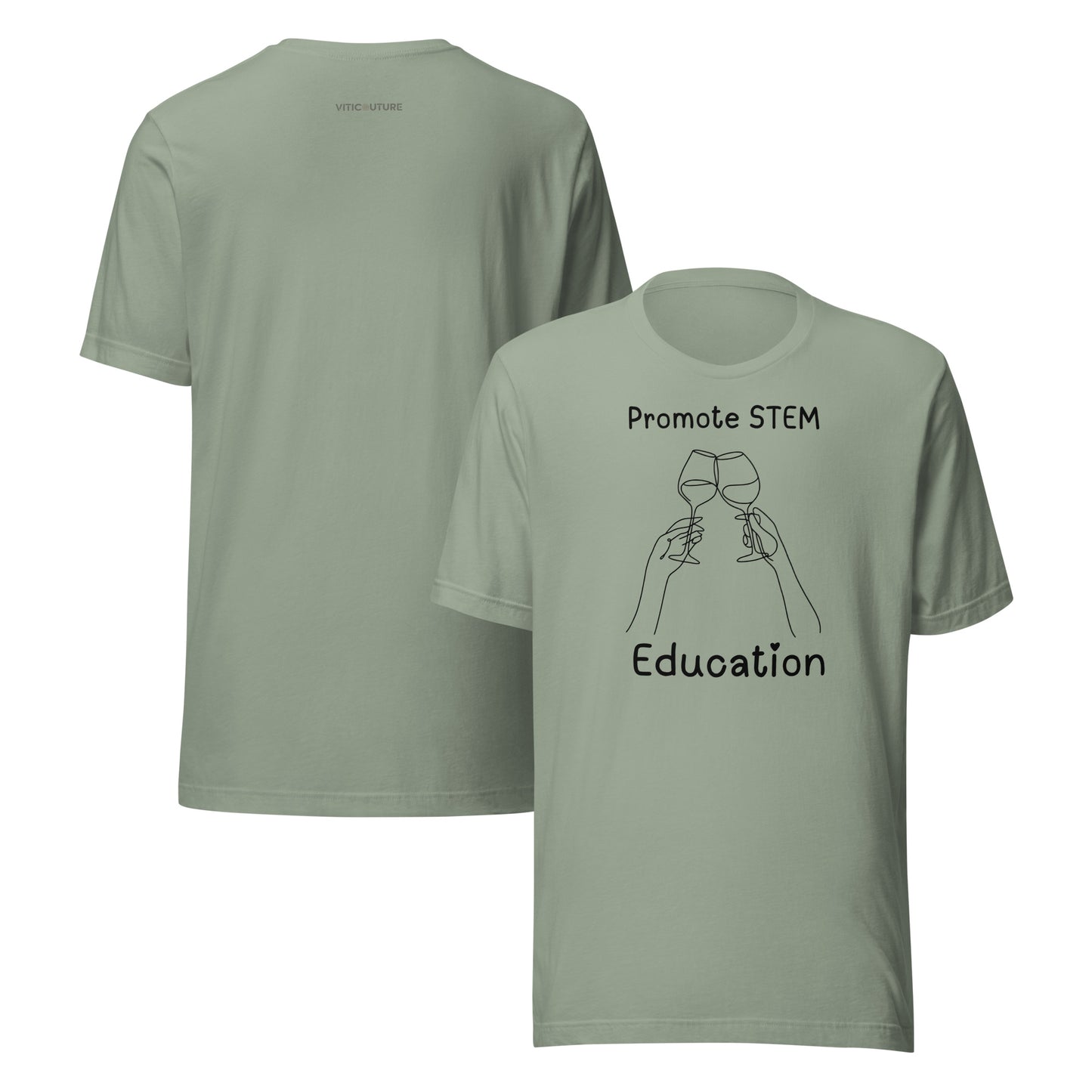 Minimalist line drawing of two hands clinking wine glasses with the text "Promote STEM Education" on a T-shirt.