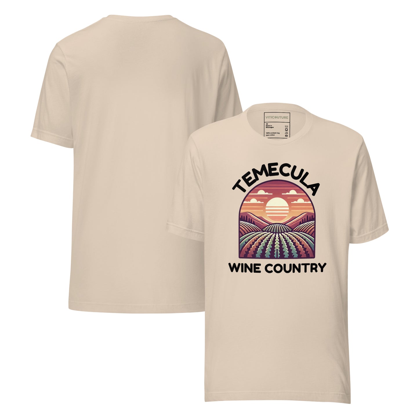 T-shirt featuring a colorful sunset vineyard design with 'Temecula Wine Country' text, celebrating the beauty of California's wine region.