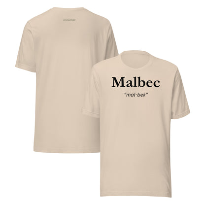 Malbec T-shirt with bold lettering and pronunciation “mal-bek”