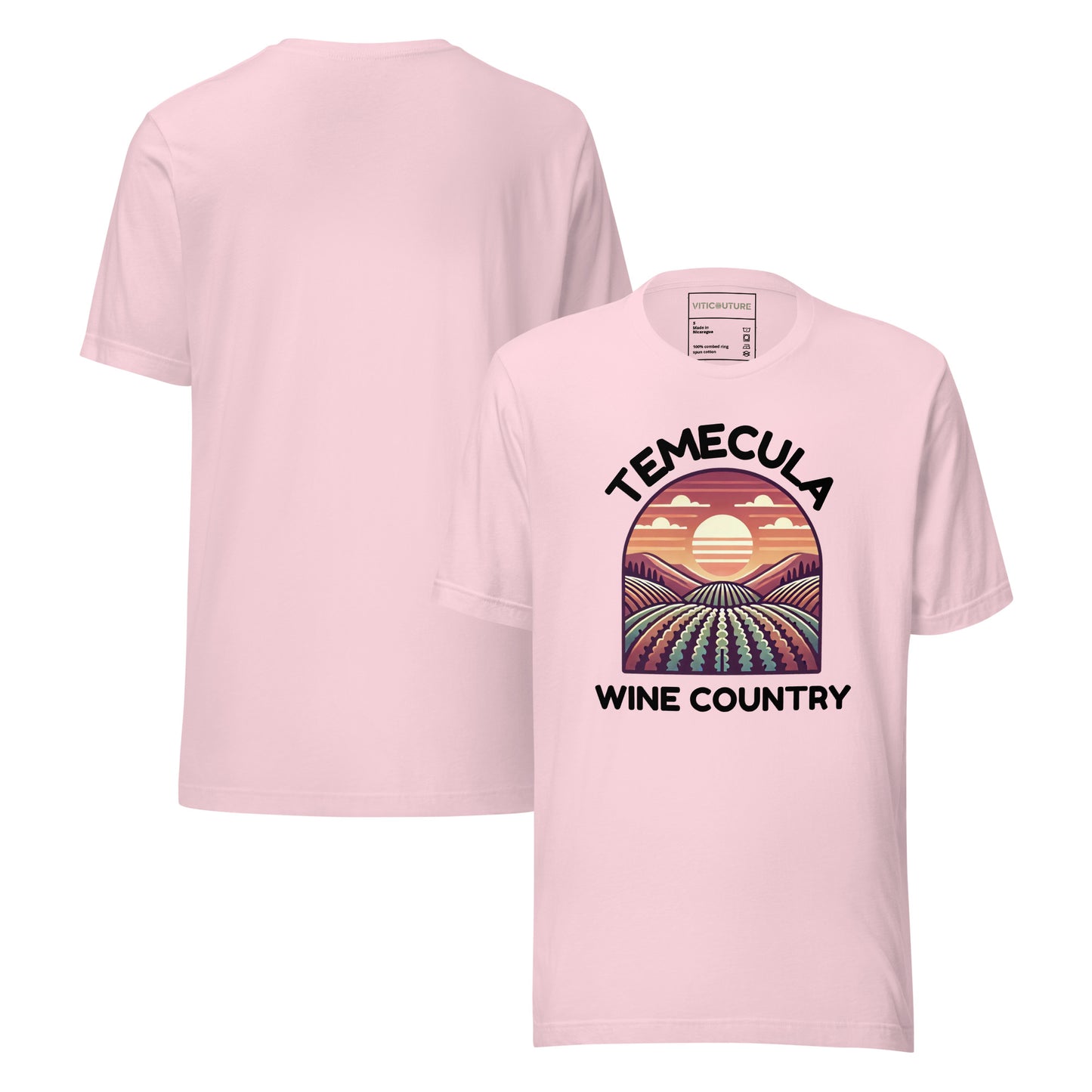 T-shirt featuring a colorful sunset vineyard design with 'Temecula Wine Country' text, celebrating the beauty of California's wine region.