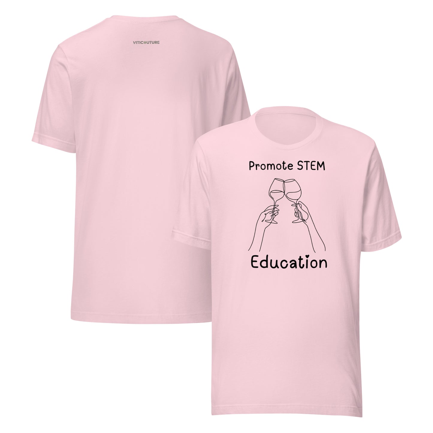 Minimalist line drawing of two hands clinking wine glasses with the text "Promote STEM Education" on a T-shirt.