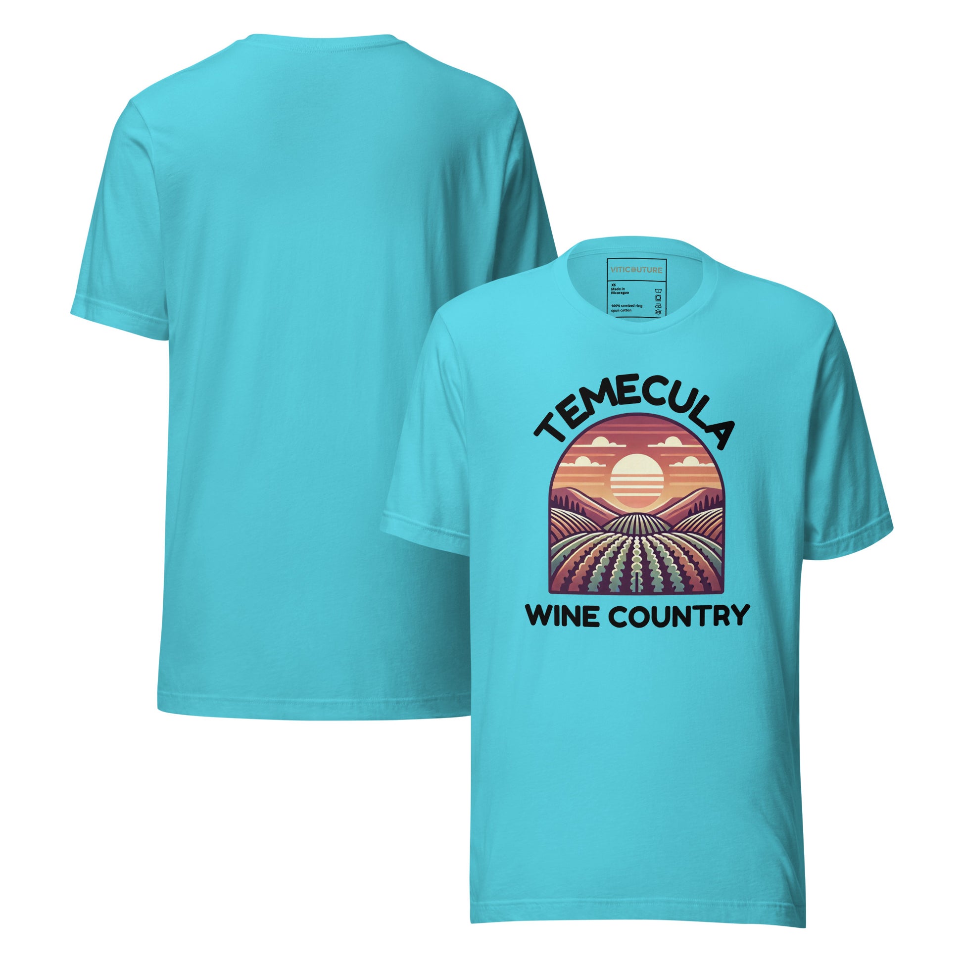 T-shirt featuring a colorful sunset vineyard design with 'Temecula Wine Country' text, celebrating the beauty of California's wine region.