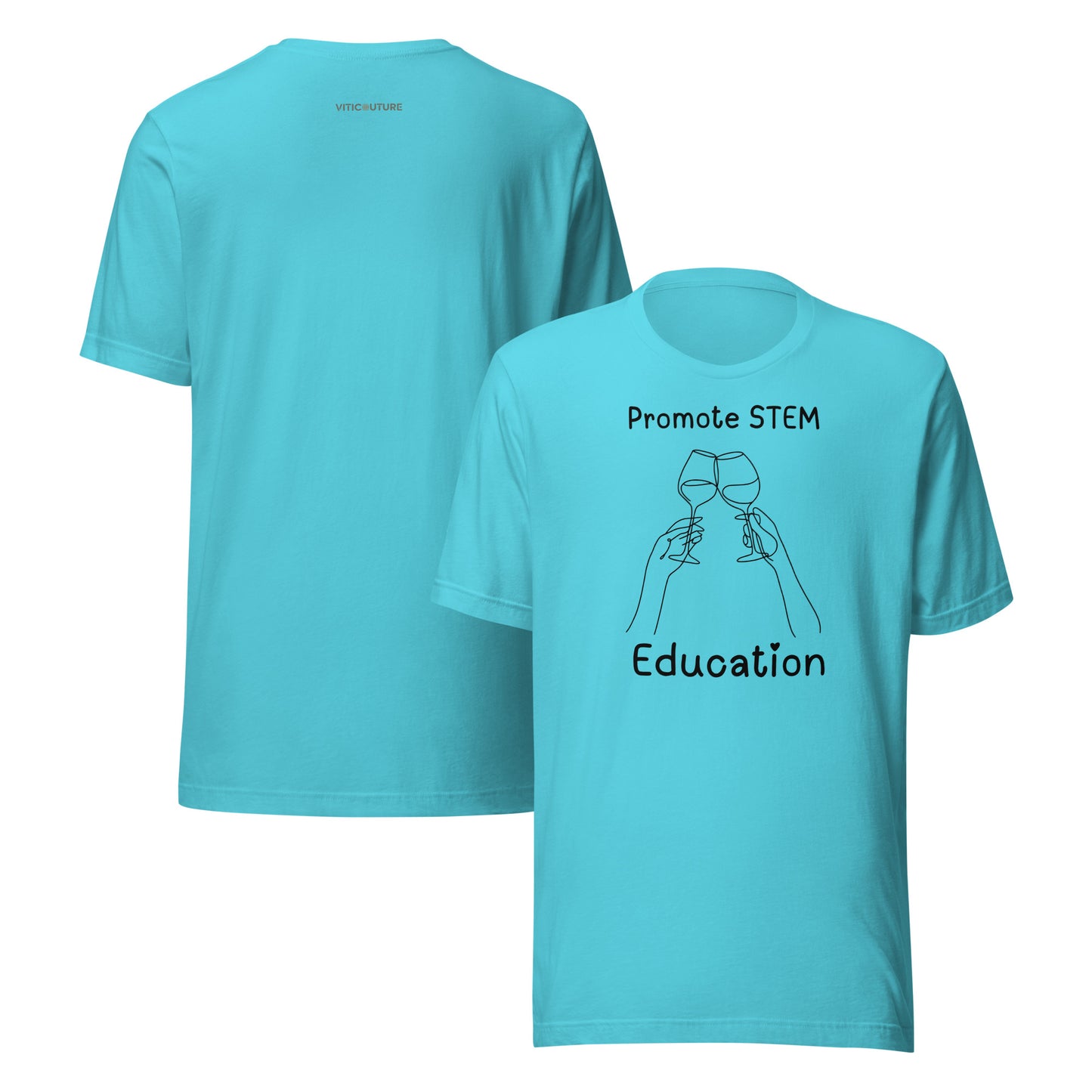 Minimalist line drawing of two hands clinking wine glasses with the text "Promote STEM Education" on a T-shirt.