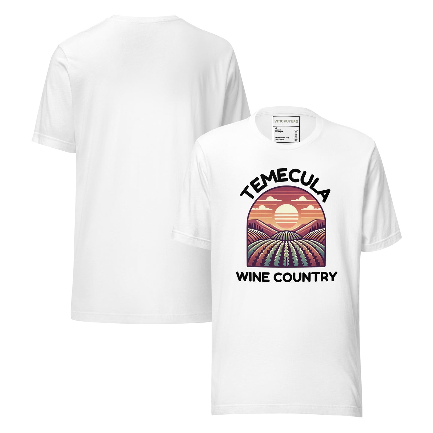 T-shirt featuring a colorful sunset vineyard design with 'Temecula Wine Country' text, celebrating the beauty of California's wine region.