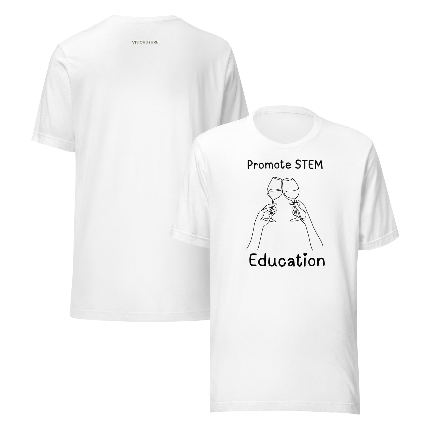 Minimalist line drawing of two hands clinking wine glasses with the text "Promote STEM Education" on a T-shirt.