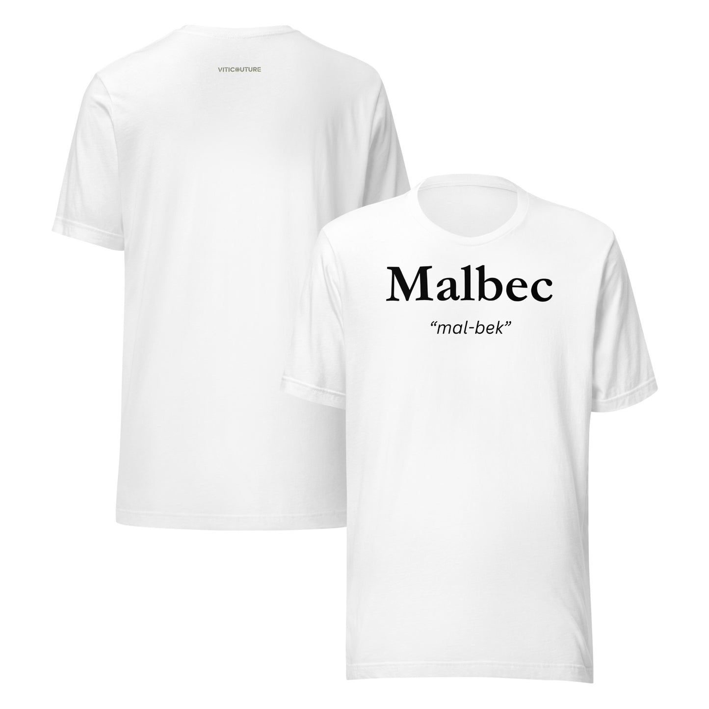 Malbec T-shirt with bold lettering and pronunciation “mal-bek”