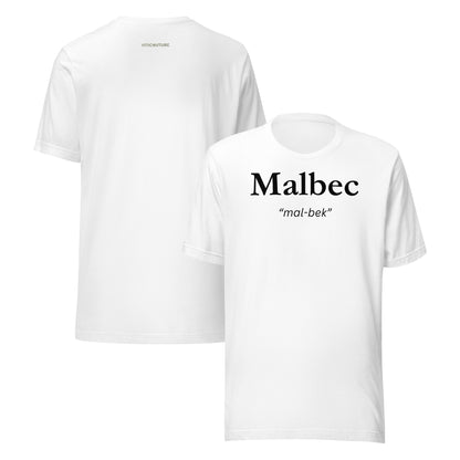 Malbec T-shirt with bold lettering and pronunciation “mal-bek”